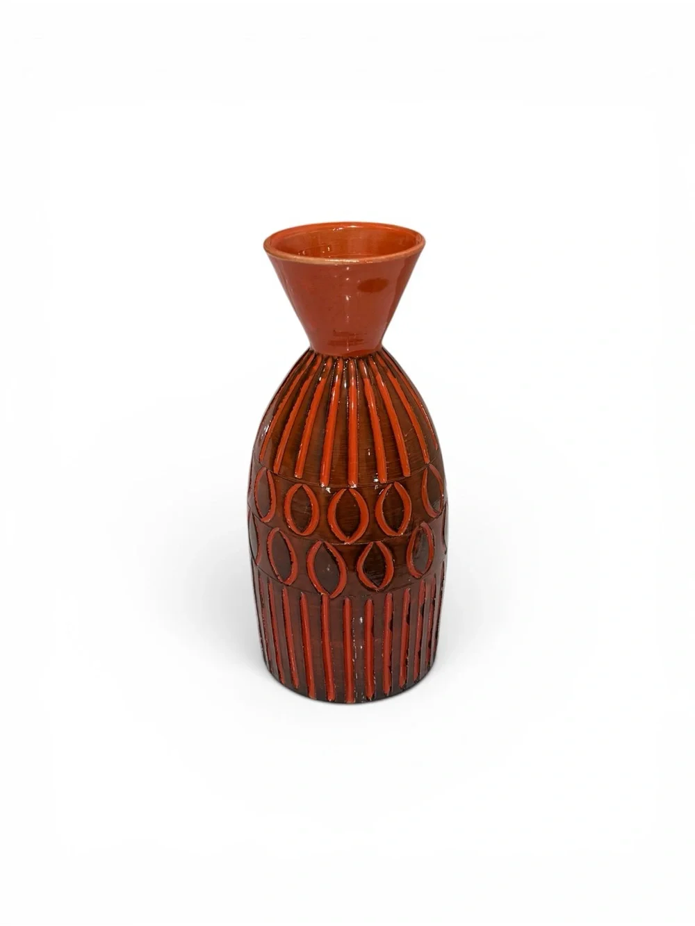 Mid‑Century Modern Italian Textured Ceramic Vase – Deep Orange & Black Glaze